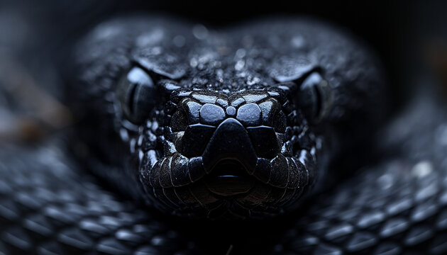 Close-up of Wild Snake coiled in darkness, its body partially obscured by shadows. Eyes illuminated by glare, lurking danger. An atmosphere of suspense and tension. Close to attack