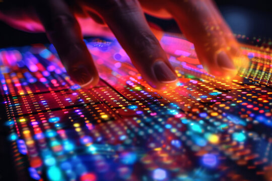 A programmer's hand typing code on a holographic keyboard with vibrant holograms that represent algorithms and data structures, futuristic technology concept