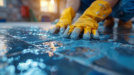 Person in Yellow Gloves Cleaning Tile Floor - obrazy, fototapety, plakaty