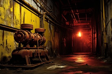The stark contrast of a strobe light against the backdrop of an old industrial setting with rusted machinery