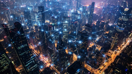 Fototapeta na wymiar Aerial Smart City Network Glow