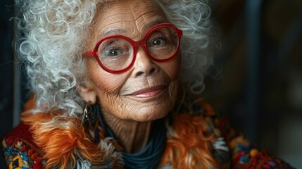 Elderly Woman in Red Glasses and Scarf