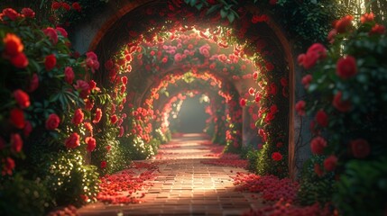 Pathway Overgrown With Red Flowers and Greenery