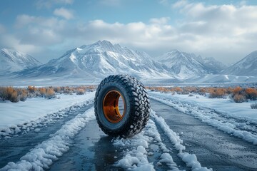Truck Tire on Snowy Road With Mountains