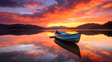 Papier Peint photo Violet Exquisite Sunrise Scenery Over The Calm Bay With A Solitary Boat Moored