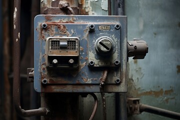 Detailed Image of an Old Industrial Switch Against a Rusty Wall Background