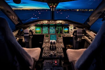 Inside the Cockpit: An In-depth Look at the High-tech Flight Deck and Stunning Skyline - obrazy, fototapety, plakaty