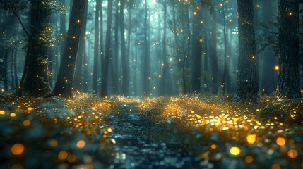 Enchanted Forest Illuminated by Yellow Lights