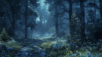 Dense Forest With Blue Flowers - obrazy, fototapety, plakaty