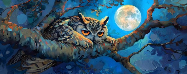 Sleepy owl in a moonlit tree guardian of the night