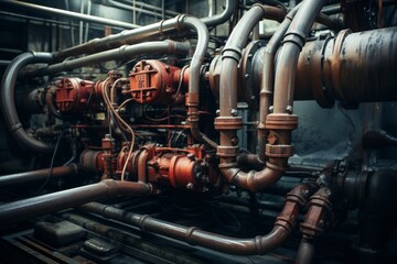 Obraz premium Close-up shot of hydraulic lines crisscrossing amidst the rustic charm of an old industrial machinery