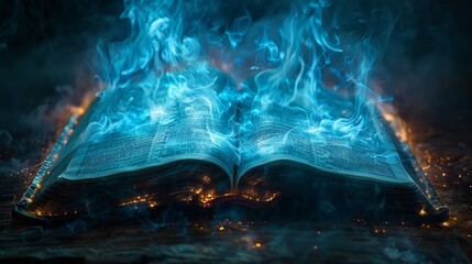 Open Book Emitting Blue Flames - obrazy, fototapety, plakaty