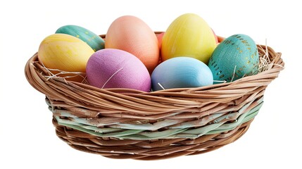 Obraz na płótnie Canvas Wicker basket with colorful easter eggs on white background. Generative AI