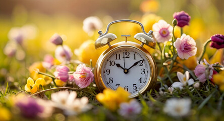 Vintage alarm clock on spring meadow with colorful flowers. Spring time concept.  - Powered by Adobe