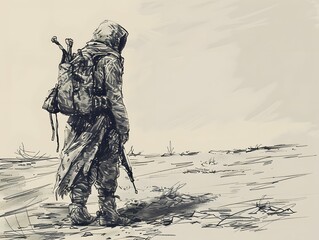 Naklejka premium Wasteland wanderer searching for remnants of civilization