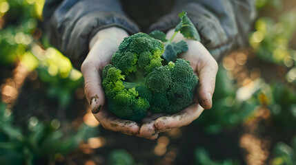 Gardener's hands holding broccoli, organic product from farm - obrazy, fototapety, plakaty
