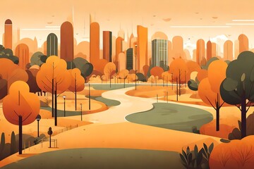 Warm-toned minimalist illustration of a city park