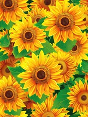 Close-up pattern of sunflowers with detailed texture - A detailed close-up showing the intricate pattern and texture of sunflower blossoms against a lush green background