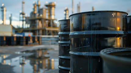 Black oil barrels or cans in the background a large oil storage warehouse or industry or silo, one of the world's most traded commodities and is vital to the economy