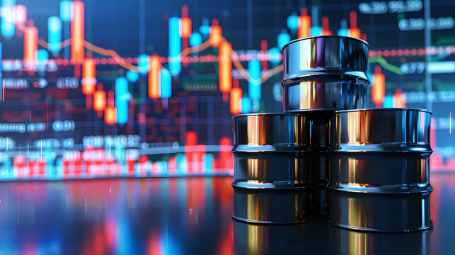 Black oil barrels or cans in the background is stock and currency market chart, one of the world's most traded commodities and is vital to the economy