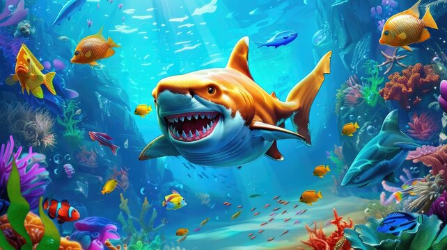 Comic style smiling shark in a coral reef - This image boldly features an amusing, comic book style shark with an open mouth, swimming in a reef full of fish