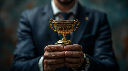 Businessman Holding Golden Trophy