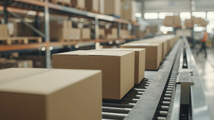 Fototapeta premium Cardboard box packages seamlessly moving along a conveyor belt in a warehouse, transportation and distribution center, efficient product inspection and delivery system