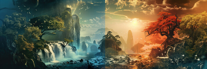 Fantasy landscape with waterfalls and sunlight - An epic fantasy landscape blending waterfalls, majestic cliffs, and radiant sunlight, invoking wonder and adventure