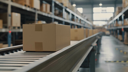 Cardboard box packages seamlessly moving along a conveyor belt in a warehouse, transportation and distribution center, efficient product inspection and delivery system - obrazy, fototapety, plakaty