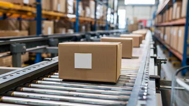 Cardboard box packages seamlessly moving along a conveyor belt in a warehouse, transportation and distribution center, efficient product inspection and delivery system