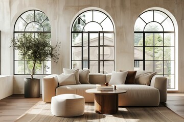 Modern living room designed with a mid-century style aesthetic, a beige sofa and pouf are arranged near a round coffee table against elegant arched windows. - obrazy, fototapety, plakaty