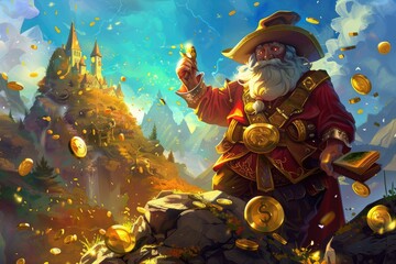 Majestic wizard with coins in mystical land - A grand wizard conjures magic coins against the backdrop of an enchanting medieval castle amidst a golden landscape