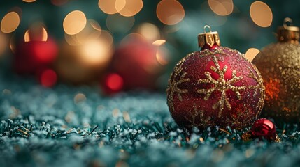 Two Red and Gold Christmas Ornaments on Green Grass