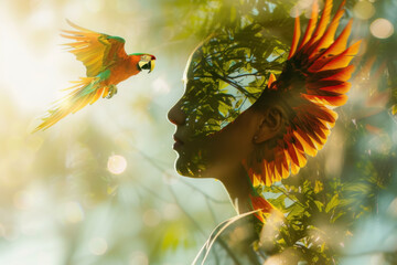 Vibrant Double Exposure of a Man’s Profile with Tropical Parrot and Lush Forest