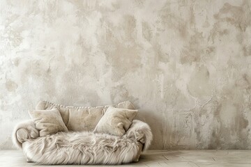 Minimalist interior design of a modern living room showcasing a fur loveseat sofa positioned near an empty beige stucco wall