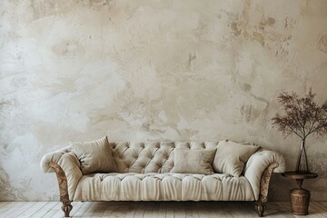 A couch sitting in front of a wall with a vase on it