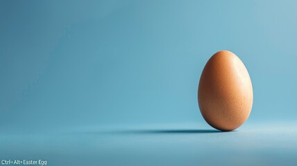 Single brown egg on a blue background - A minimalist still life image of a single brown egg on a solid blue background, representing simplicity and potential - obrazy, fototapety, plakaty