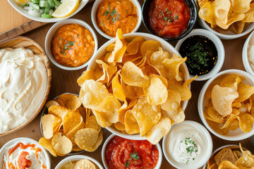 Chips and Diverse Dips Assortment