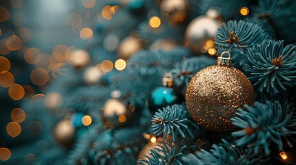 Obraz na płótnie Canvas Elegant Christmas Tree With Gold and Blue Ornaments