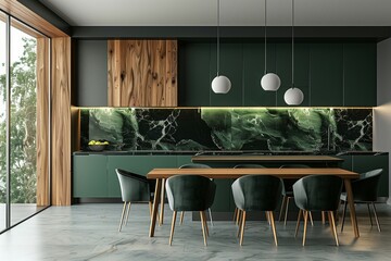 Modern minimalist wooden and dark green kitchen design featuring an island, black marble backsplash, dining table, and chairs