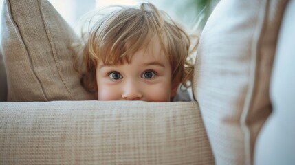 Fototapeta premium little asian children kid playing hide and seek standing behind the sofa, Adorable child having fun in the home. happy family have fun with kids, activity, learning, activity, game, meditation