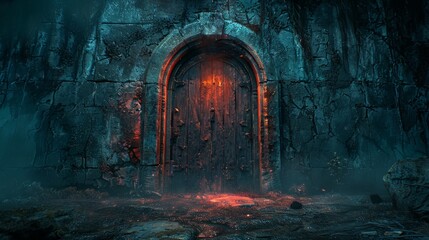 Dark Cave With Red Door