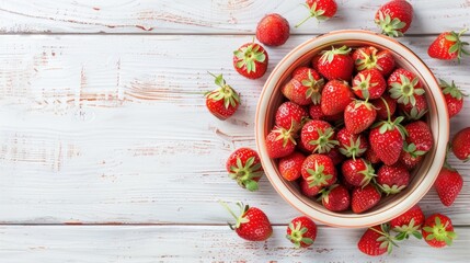 Top view fresh red ripe strawberries in bowl isolated on white wooden background. AI generated image