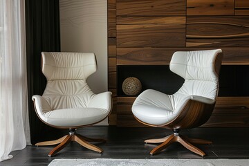 Two white leather swivel chairs featuring wooden accents positioned adjacent to a dark wooden paneled wall