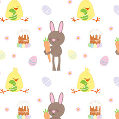 Easter seamless pattern with chicks, bunny, easter cake and eggs. Vector illustration