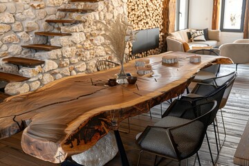 Rustic dining table crafted from natural aged wood slab resting on stone rubble supports