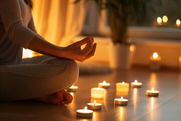 Young woman sitting on the floor, lighting candles, enjoying meditation, practicing yoga exercises at home