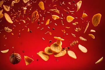 Commercial food photography; crispy and crunchy chips surrounded by spices flying in the air against a plain red background, studio light