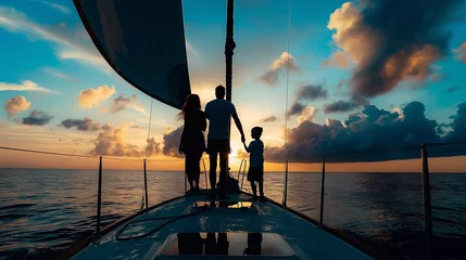 Deurstickers Silhouette of a family, on a modern sailboat in the middle of the sea, with stunning sky and clouds generative ai art © gmm2000