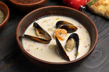 Seafood soup with salmon and mussels in a white plate